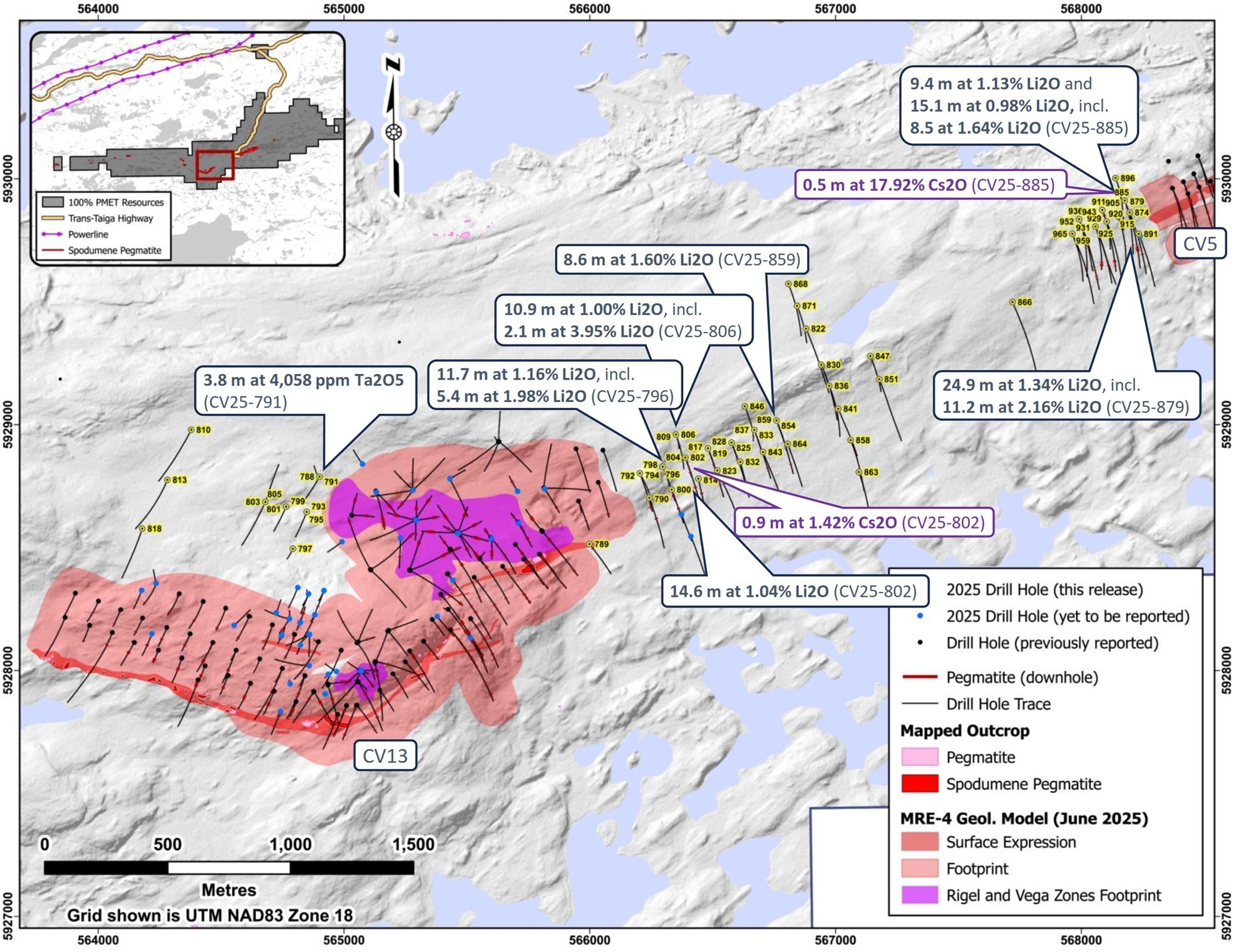 Figure 7: Drill holes completed through 2025 at the CV13 Pegmatite and at the CV5 Pegmatite. (CNW Group/PMET Resources Inc.)