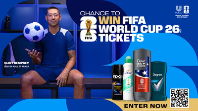 Unilever and Soccer Hall of Famer Clint Dempsey team up to offer fans a chance to win FIFA World Cup 26™ tickets through select Dove Men+Care, Degree, and AXE personal care gift packs. Unilever and Soccer Hall of Famer Clint Dempsey team up to offer fans a chance to win FIFA World Cup 26™ tickets through select Dove Men+Care, Degree, and AXE personal care gift packs.