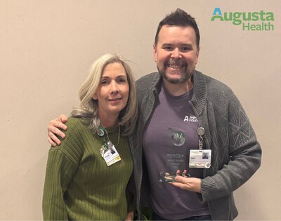Crystal Farmer, SVP and Chief Operating Officer of Augusta Health, and Matt Fidler, Director of Patient Experience, accept the Bridge Builder Award, recognizing Augusta Health for transforming multilingual patient communication. (PRNewsfoto/Pocketalk) Crystal Farmer, SVP and Chief Operating Officer of Augusta Health, and Matt Fidler, Director of Patient Experience, accept the Bridge Builder Award, recognizing Augusta Health for transforming multilingual patient communication. (PRNewsfoto/Pocketalk)