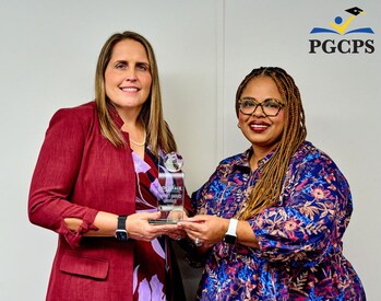 Dr. Melissa Kanney, the district’s English Language Development Supervisor, and Dr. Jennifer Love, the district’s Director of Language Access, accept the Education Changemaker Award, recognizing Prince George’s County Public Schools for its districtwide approach to language access. (PRNewsfoto/Pocketalk)