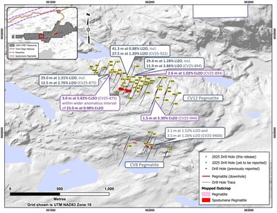 Figure 4: Drill holes completed through 2025 at the CV12 Pegmatite and CV8 Pegmatite. (CNW Group/PMET Resources Inc.)
