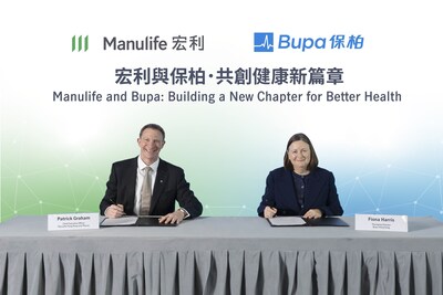 Manulife and Bupa have signed an MoU for strategic collaboration in Hong Kong to create a more robust, integrated healthcare network offering customers greater access and choice. Pictured at the signing ceremony are Patrick Graham, CEO of Manulife Hong Kong and Macau (left), and Fiona Harris, Managing Director of Bupa Hong Kong (right). Manulife and Bupa have signed an MoU for strategic collaboration in Hong Kong to create a more robust, integrated healthcare network offering customers greater access and choice. Pictured at the signing ceremony are Patrick Graham, CEO of Manulife Hong Kong and Macau (left), and Fiona Harris, Managing Director of Bupa Hong Kong (right).