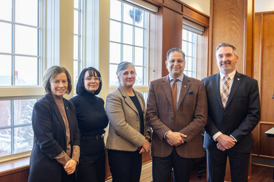 From left to right: Dr. Kim Fenwick, CampusNB Co-Chair and Provost and Vice-President (Academic and Research) at St. Thomas University; Jodi Tavares, Executive Director, MyCreds | MesCertif; Maureen Barnes, Registrar at St. Thomas University; Dr. M. Nauman Farooqi, President and Vice Chancellor at St. Thomas University; and Dr. Sheldon MacLeod, Executive Director and CampusNB Co-Chair, at the official contract signing of CampusNB and MyCreds in Fredericton, New Brunswick on December 10, 2025. (CNW Group/ARUCC MyCreds/MesCertif)