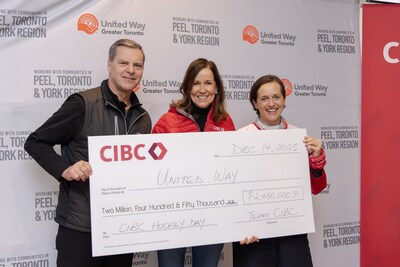 CIBC President and CEO Harry Culham and Susan Rimmer, Group Head, Commercial Banking and Wealth Management present Heather McDonald, President and CEO, United Way Greater Toronto, with a cheque for $2.45 million at CIBC Hockey Day for United Way on December 14, 2025. (CNW Group/CIBC)