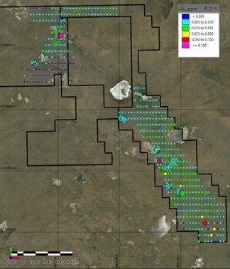 Figure 8: Top of Bedrock assay results – Stepnoe-Ekidos License. (Stepnoe-Ekidos KGK drill results - Gold) (CNW Group/Arras Minerals Corp.)