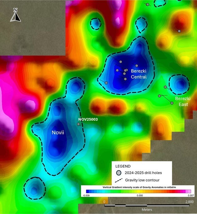 Figure 4. Elemes gravity survey showing identical gravity low signatures (black contour) of Novii target and
Berezski Central that is hosting significant Cu-Au mineralization. (CNW Group/Arras Minerals Corp.)