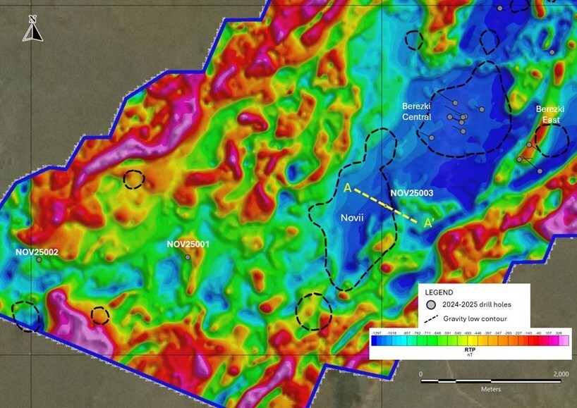 Figure 3. Elemes ground magnetic survey and gravity low contour with location of drill holes NOV25001, NOV25002, NOV25003 (CNW Group/Arras Minerals Corp.)