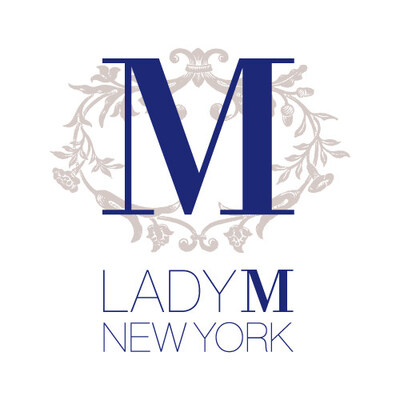 Lady M New York logo with a blue M and grey laurels.