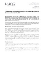 LunR NR - TSXV Final Approval (CNW Group/LunR Royalties Corp.)