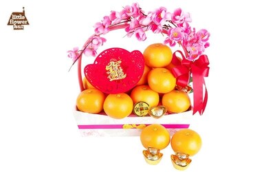 Festive fruit basket with oranges, cherry blossoms, red ribbon, and gold ingots for Chinese New Year.