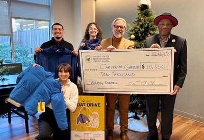 USSFCU President & CEO Timothy L. Anderson and Eduardo Villanueva, Engagement & Events Manager, join Carpenter’s Shelter staff to present a $10,000 donation and jackets collected during a recent USSFCU coat drive. USSFCU President & CEO Timothy L. Anderson and Eduardo Villanueva, Engagement & Events Manager, join Carpenter’s Shelter staff to present a $10,000 donation and jackets collected during a recent USSFCU coat drive.