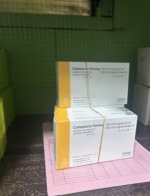 Carbetocin on the shelf of a health center inventory room, supplied by Axmed Carbetocin on the shelf of a health center inventory room, supplied by Axmed