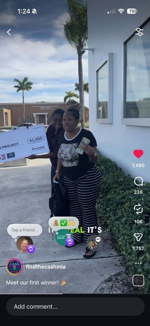 The first #FindTheGood Miami winners: The Dennis Project founder Auntaria “Mrs. A” Johnson and the winner of the first cash drop