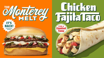 Split promotional image featuring two Whataburger menu items. On the left, an orange background highlights ‘The Monterey Melt’ with two beef patties, melted cheese, grilled peppers, and onions, alongside text reading ‘It’s Back!’ On the right, a green background features a Chicken Fajita Taco filled with grilled chicken, peppers, and onions, labeled ‘For a limited time.