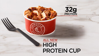 Introducing Chipotle's High Protein Cup, a 4-ounce side of Adobo Chicken packed with flavor and real protein — the perfect snack or extra side of protein to add to any order.