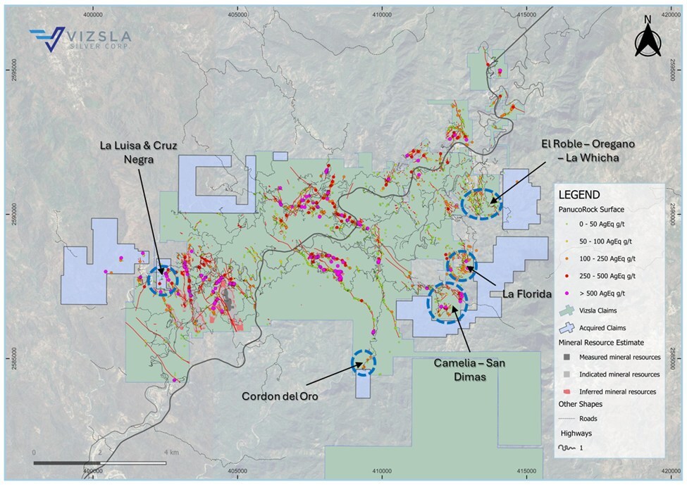 Vizsla Silver adquirirá concesiones estratégicas en torno a Panuco de Fresnillo Figura 2. Distrito de Panuco (verde) con trazas conocidas de vetas (objetivos) que podrían extenderse hasta las Reivindicaciones Estratégicas (azul). (Grupo CNW/Vizsla Silver Corp.)