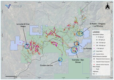 Figure 2. Panuco district (green) with known vein traces (targets) potentially extending into the Strategic Claims (blue). (CNW Group/Vizsla Silver Corp.) Figure 2. Panuco district (green) with known vein traces (targets) potentially extending into the Strategic Claims (blue). (CNW Group/Vizsla Silver Corp.)