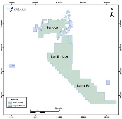Figure 1. Regional map showing Panuco, San Enrique, Santa Fe and the Claims (blue). (CNW Group/Vizsla Silver Corp.) Figure 1. Regional map showing Panuco, San Enrique, Santa Fe and the Claims (blue). (CNW Group/Vizsla Silver Corp.)