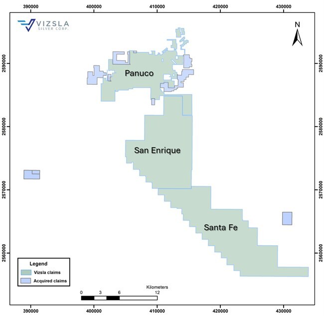Figure 1. Regional map showing Panuco, San Enrique, Santa Fe and the Claims (blue). (CNW Group/Vizsla Silver Corp.)