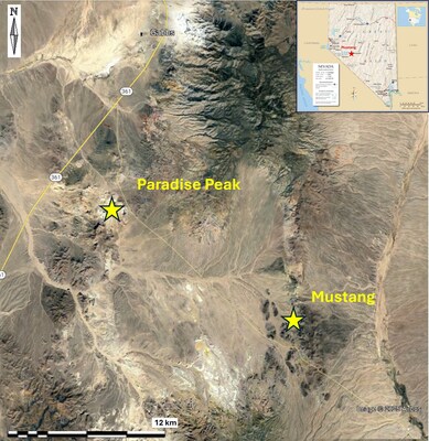 Figure 3 – Mustang's location and spatial relationship to the Paradise Peak gold-silver deposit  - 17 km to the northwest. (CNW Group/Black Mammoth Metals Corp)