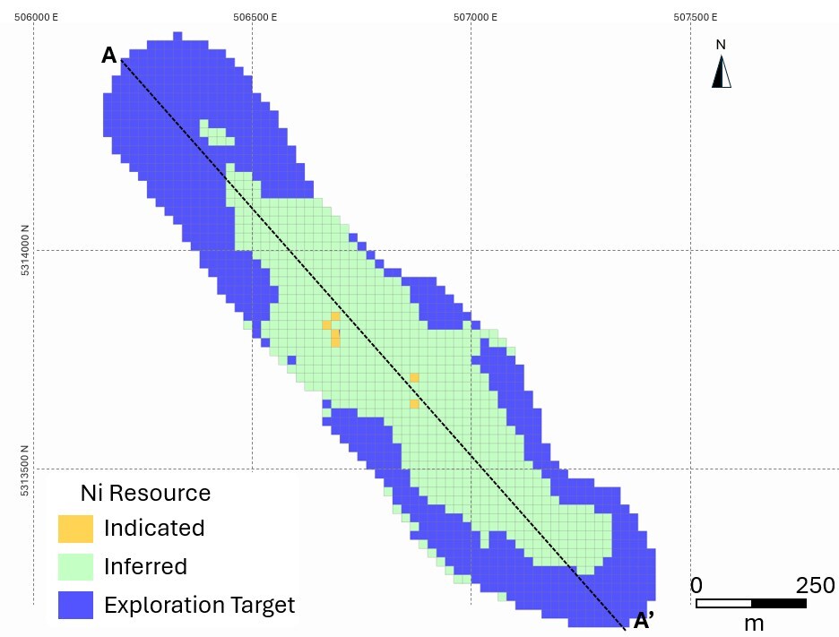 Canada Nickel anuncia los recursos iniciales en los proyectos Midlothian y Bannockburn Figura 5. Vista de Planta de los Recursos Bannockburn Categorizados (TOP) junto con % Ni Grade (BOTTOM). (Grupo CNW/Canada Nickel Company Inc.)