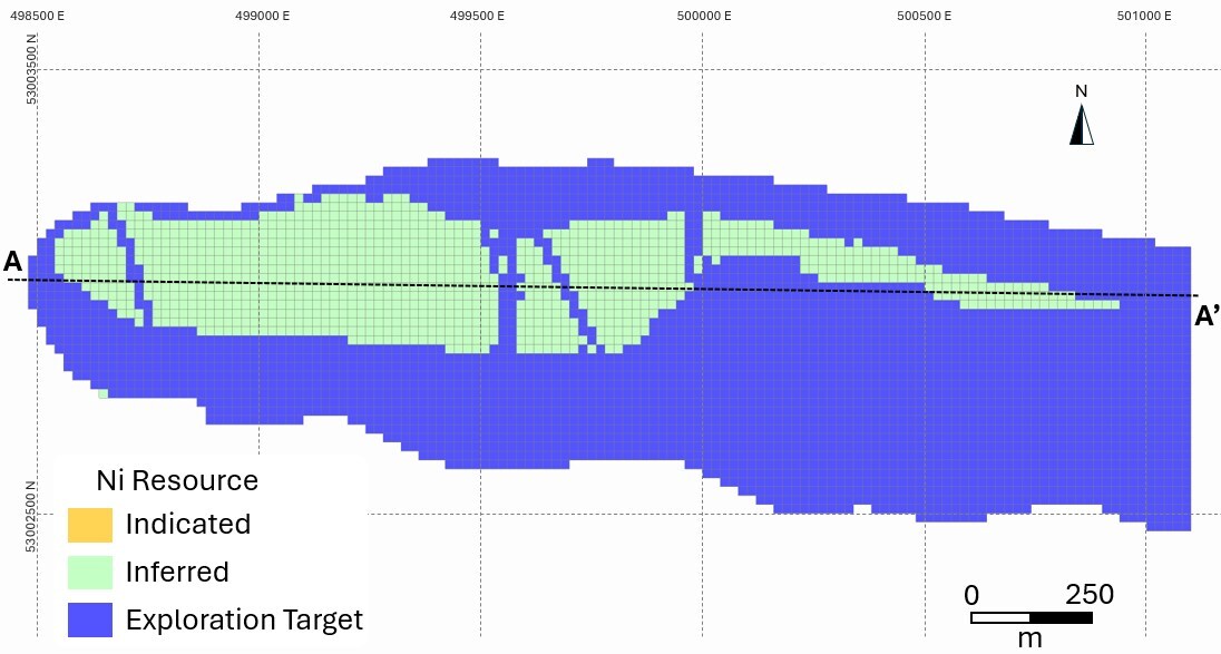 Canada Nickel anuncia los recursos iniciales en los proyectos Midlothian y Bannockburn Figura 2. Vista de Planta de los Recursos Midlothianos Categorizados (TOP) junto con el Grado %Ni (BOTTOM). (Grupo CNW/Canada Nickel Company Inc.)