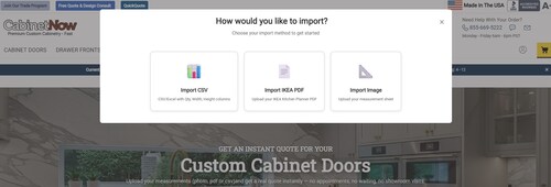 QuickQuote interface for uploading measurements via CSV, IKEA PDF, or image.