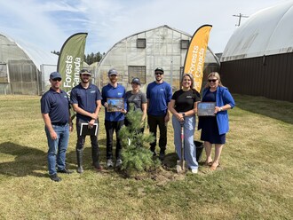 Forests Canada CEO Jess Kaknevicius (second from right) is joined by Conservation Ontario General Manager Angela Coleman (right) and the team from Rideau Valley Conservation Authority at Ferguson Tree Nursery in Kemptville, Ontario on September 17, 2025, to celebrate Forests Canada reaching its 50 million tree milestone. (CNW Group/Forests Canada)