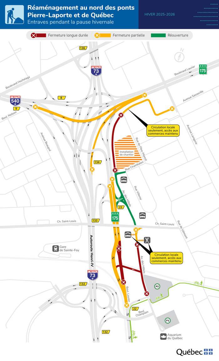 Entraves en vigueur dans le secteur de la tête des ponts pendant la pause hivernale 2025-2026. (Groupe CNW/Ministère des Transports et de la Mobilité durable)