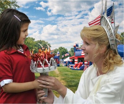 Lady Liberty reenactor with child in front of Freedom Village on the US 250 Tour