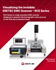 ERETEC RCE Series EMC scanner with an X-Y-Z scanning stage, near-field probe, spectrum analyzer, and control laptop, used to detect and visualize electromagnetic noise on PCBs.