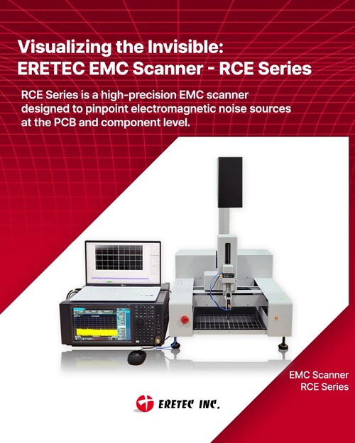 ERETEC RCE Series EMC scanner with an X-Y-Z scanning stage, near-field probe, spectrum analyzer, and control laptop, used to detect and visualize electromagnetic noise on PCBs.