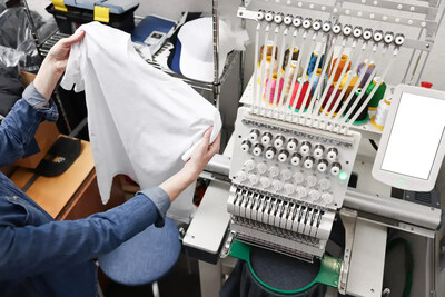 A person in a denim jacket with their sleeves rolled up to their forearms holding a blank white t-shirt in front of an embroidery machine