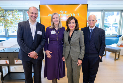 From left to right:  Andrew Baum, Chief Strategy and Innovation Officer, Pfizer; Deborah W. Brooks, CEO and Co-Founder, The Michael J. Fox Foundation; New York Governor Kathy Hochul; Anthony Shorris, Partner, McKinsey & Company