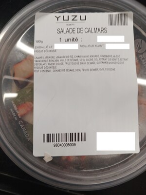 Présence non déclarée de blé dans de la salade de calmars vendue par l'entreprise Yuzu Sushi