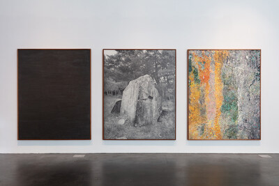 Gala Porras-Kim, The weight of a patina of time [2125], 2024, Graphite, color pencil and encaustic on paper, Triptych: 228.6 x 182.8 cm each (framed) © Gala Porras-Kim. Courtesy of the artist Photo: Wes Magyar/MCA Denver