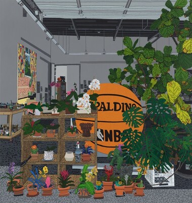 Jonas Wood, Bball Studio, 2021, Oil and acrylic on canvas, 279.4 x 264.2 cm Artwork © Jonas Wood. Photo: Marten Elder.