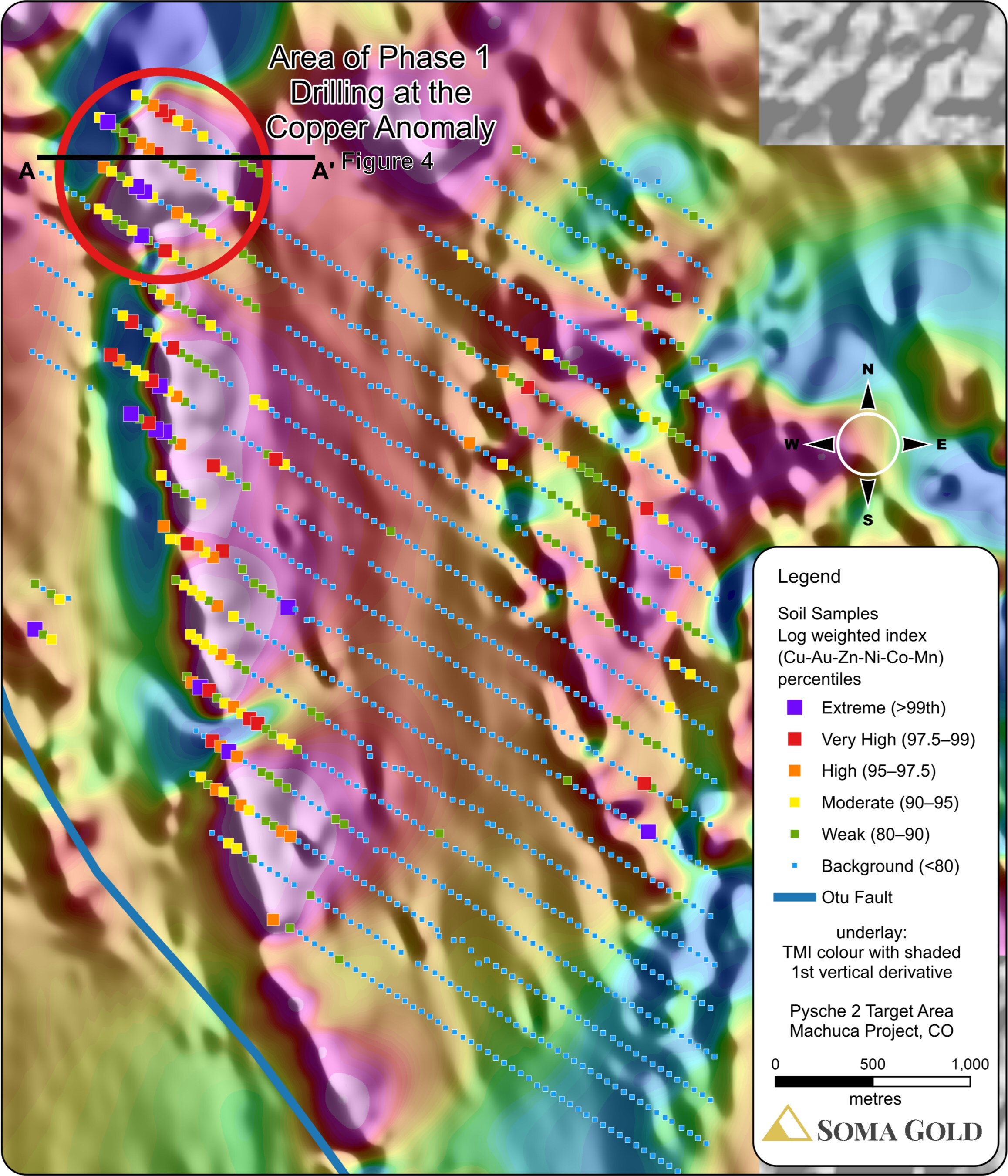 Figura 2: Índice Cu-Au-Zn-Ni-Co-Mn de geoquímica del suelo superpuesto sobre un mapa de primera derivada vertical coloreado por TMI (CNW Group/Soma Gold Corp.)