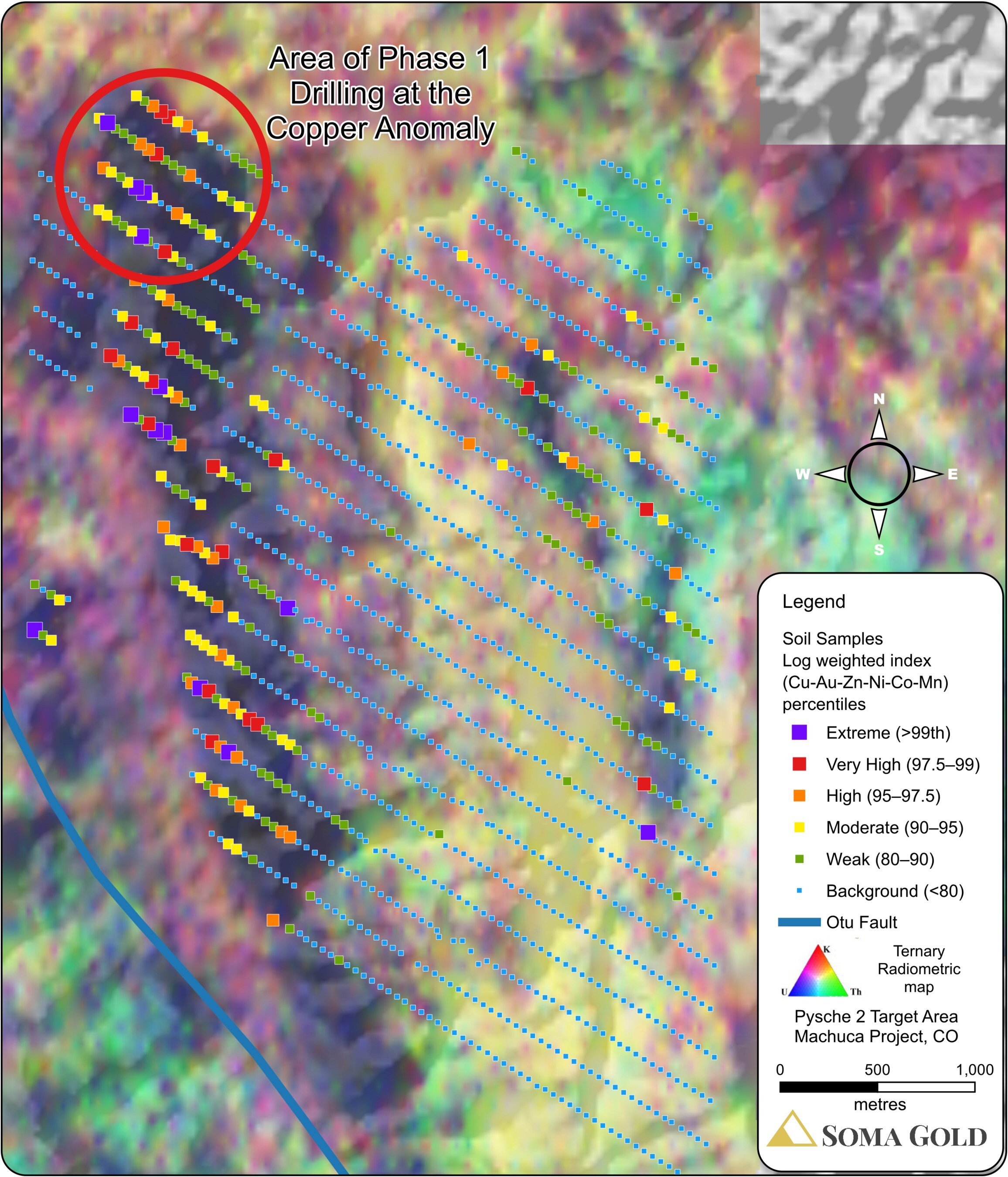 Figure 3: Cu-Au-Zn-Ni-Co-Mn index of soil geochemistry overlain on a radiometric ternary map (CNW Group/Soma Gold Corp.)
