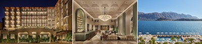 从左到右（效果图）：科莫湖艾迪逊酒店外观、大堂吧及悬浮泳池