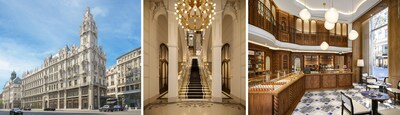 从左到右（效果图）：布达佩斯瑞吉酒店外观、中庭及咖啡厅