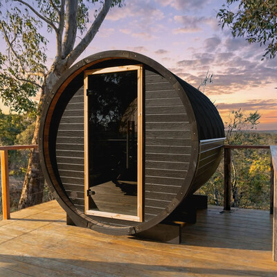 An architectural-grade outdoor barrel sauna from SDS Australia’s European Made collection