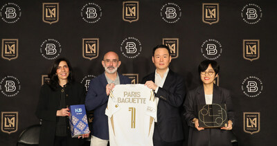 Paris Baguette and Los Angeles Football Club hold an official partnership ceremony at BMO Stadium in Los Angeles, California. From right: Yeon Jeong Kim, CMO, Paris Baguette HQ; Jin Soo Hur, Vice Chairman, Paris Baguette; Larry Freedman, Co-President, LAFC; and Cathy Chavenet, CMO, Paris Baguette U.S.