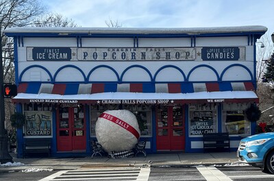 Miss Sally, the popcorn ball, outside Chagrin Falls Popcorn Shop