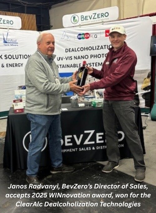 Janos Radvanyi, BevZero's Director of Sales, accepts 2025 WINnovation award, won for the ClearAlc Dealcoholization Technologies.