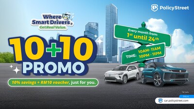 Enjoy PolicyStreet’s ‘10+10’ Promo with a 10% discount on car insurance and an additional RM10 at checkout, plus FREE road tax available towards the end of each month.