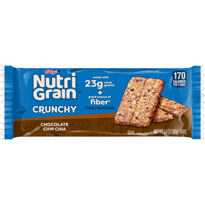 Nutri-Grain Crunchy Chocolate Chip Chia, made with whole grains and a Good Source of Fiber.