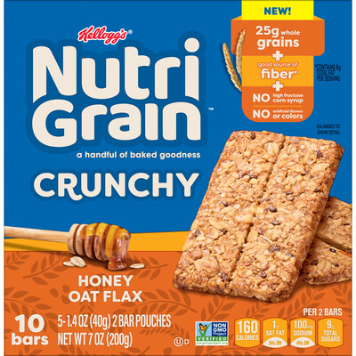 Nutri-Grain Crunchy Honey Oat Flax, made with whole grains and no high fructose corn syrup or artificial flavors or colors.