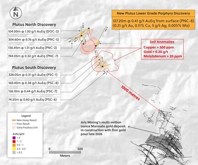 Figure 3: Plan View of the Plutus Target Outlining the New Outcropping Porphyry Discovery Made in Drill Hole PNC-8 (CNW Group/Collective Mining Ltd.)