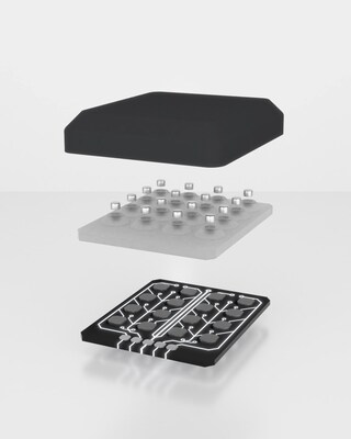XELA Robotics' uSkin consists of three main layers. The outer shell creates a smooth surface and protects the sensors. The middle layer, a soft elastomer, ensures that the sensor is highly resilient to overloading and makes uSkin very durable and able to conform to the object being grasped. The bottom layer is a sensor module which includes a multitude of chips, each of which can measure 3D displacement individually.